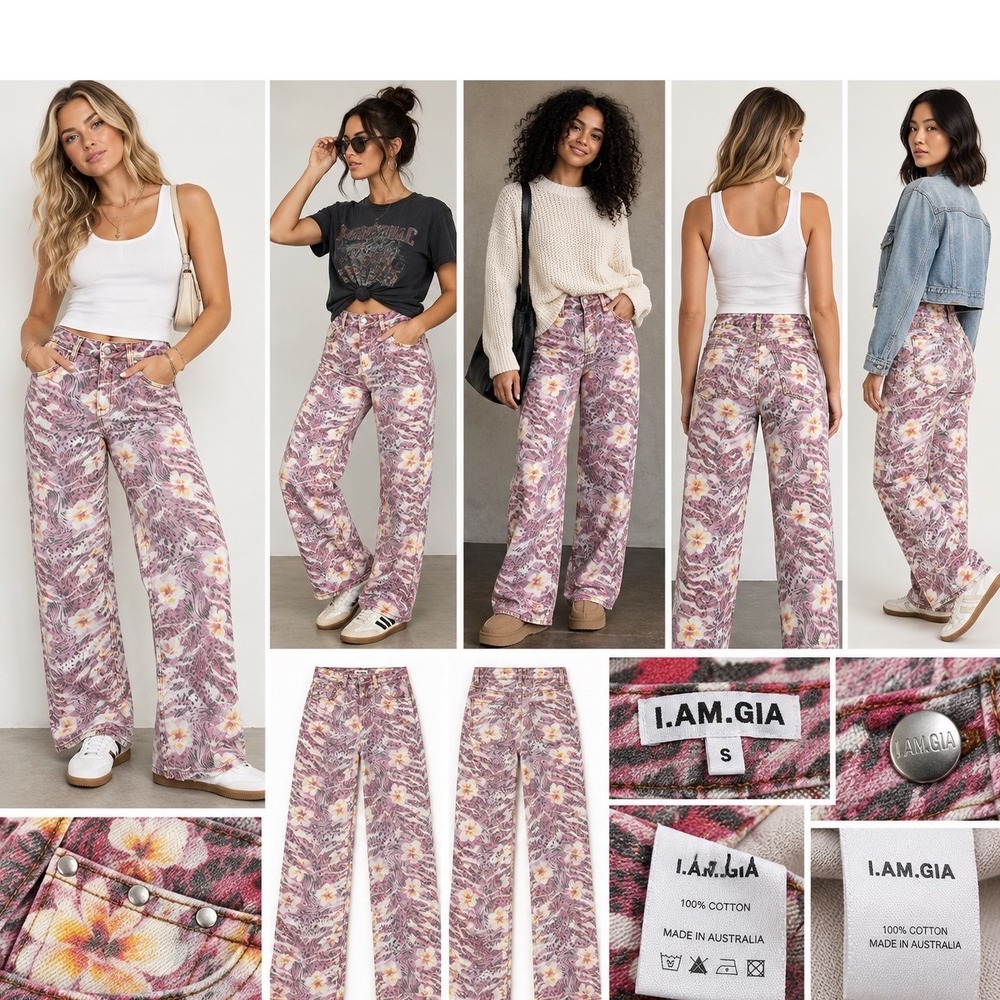 I.AM.GIA Jeans Womens S Pink Zebra Floral High Waist Wide Leg Excellent